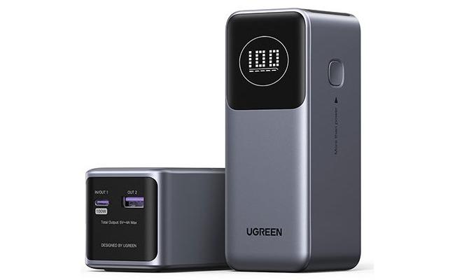 UGREEN PB724 Nexode Power Bank 12000mAh 100W PD PPS Fast Charging Portable Charger Battery Pack with 1USB-C 1USB-A and Smart Display for MacBook Air/ipad/iPhone 16/Galaxy S24/Steam Deck/Google - Gray